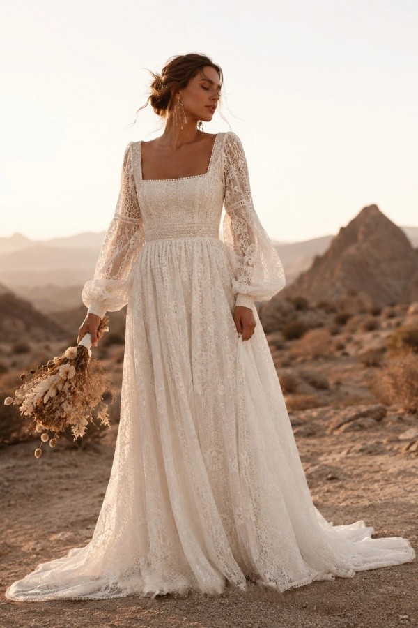 Boho Brautkleider A Linie Mit Ärmel Spitze Hochzeitskleider Online