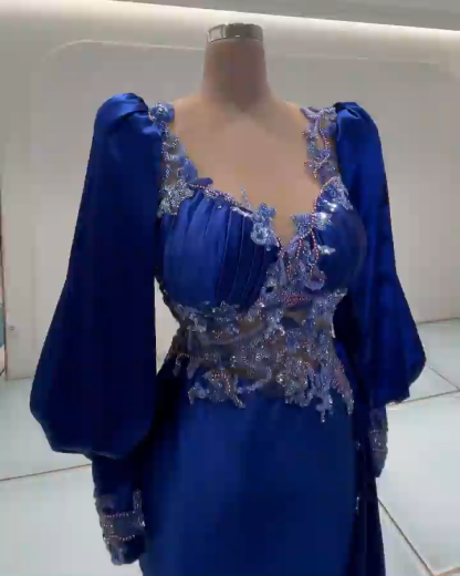 König Blaue Abendkleider Lang Mit Ärmel Ballkleider Glitzer