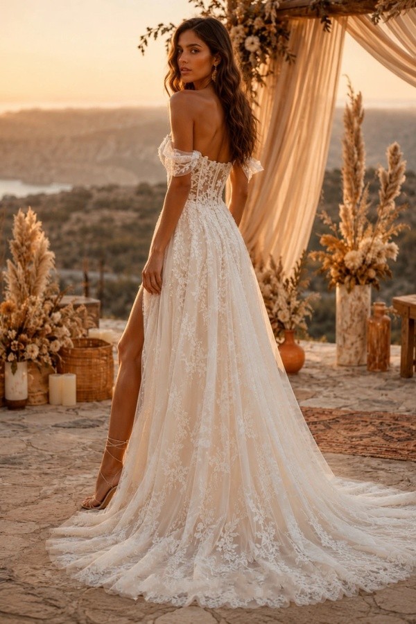 Sexy Brautkleider A linie Spitze Boho Hochzeitskleider Schlicht