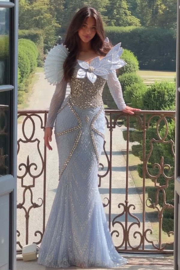 Elegantes Abendkleid Lang Himmel Blau Ballkleider mit Glitzer