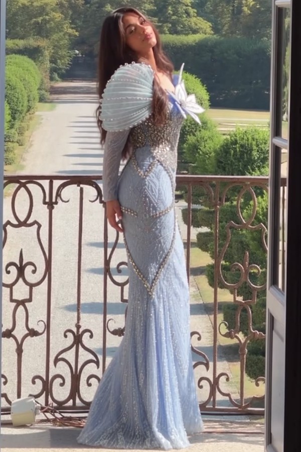 Elegantes Abendkleid Lang Himmel Blau Ballkleider mit Glitzer