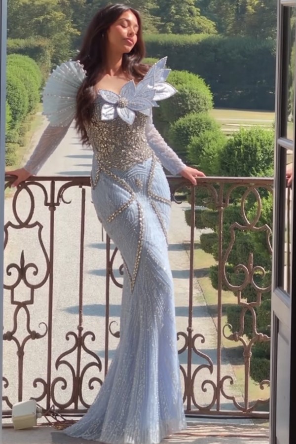 Elegantes Abendkleid Lang Himmel Blau Ballkleider mit Glitzer