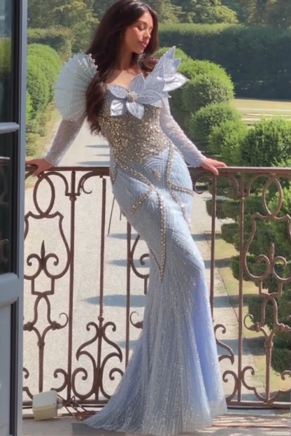 Elegantes Abendkleid Lang Himmel Blau Ballkleider mit Glitzer