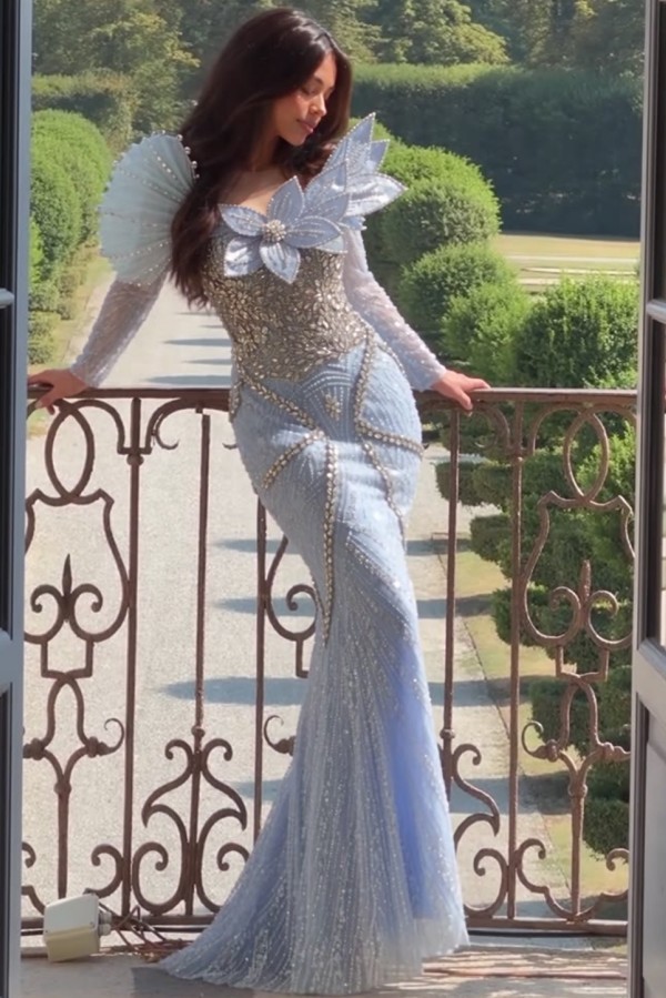 Elegantes Abendkleid Lang Himmel Blau Ballkleider mit Glitzer