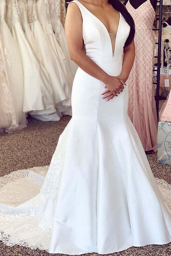Schlichte Hochzeitskleider Satin Meerjungfrau Stil Brautkleider mit Spitze-babyonlinedressde