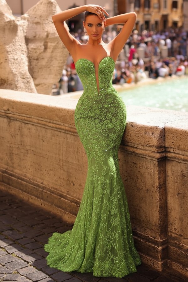 Dusty Grüne Abendkleider Lang Spitze | Abiballkleider mit Glitzer