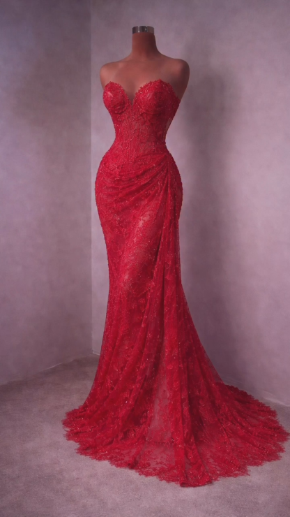 Rotes Abendkleid Lang Schlicht Spitze Ballkleider Günstig