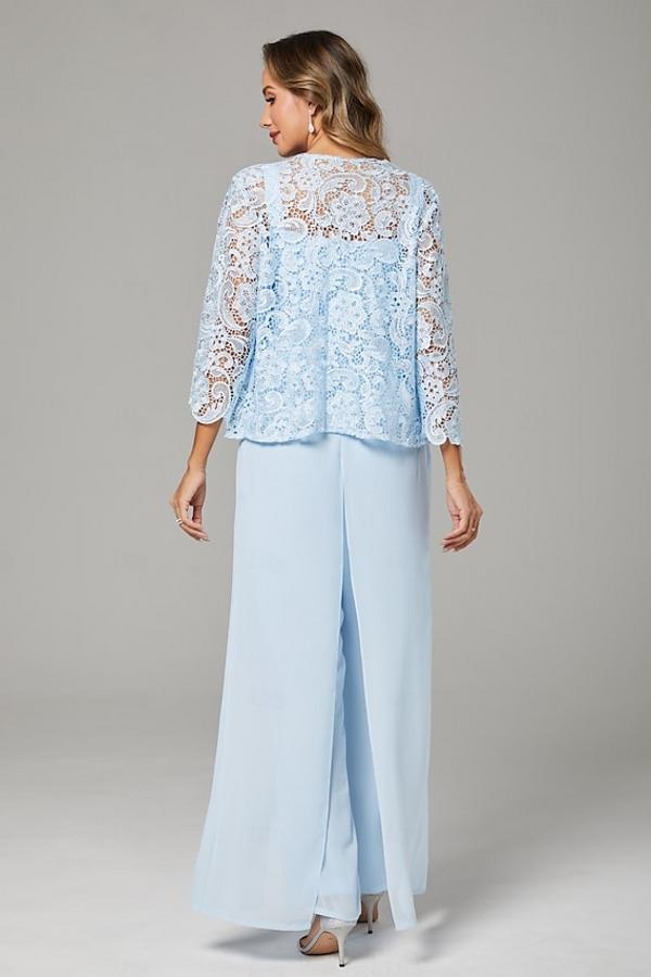 Himmel Blaue Chiffon Mutterkleider mit Jacket | 3 Teilen Brautmutter Hosenanzuge-babyonlinedressde