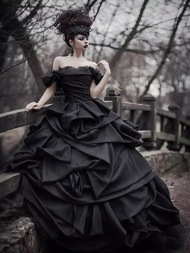 Schwarze Brautkleider Pinzessin | Vintage Hochzeitskleid Mit Spitze