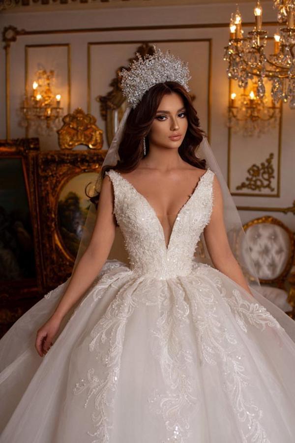 Designer Brautkleid V Ausschnitt | Hochzeitskleider A Linie Spitze
