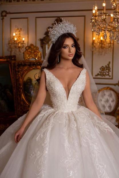 Designer Brautkleid V Ausschnitt | Hochzeitskleider A Linie Spitze