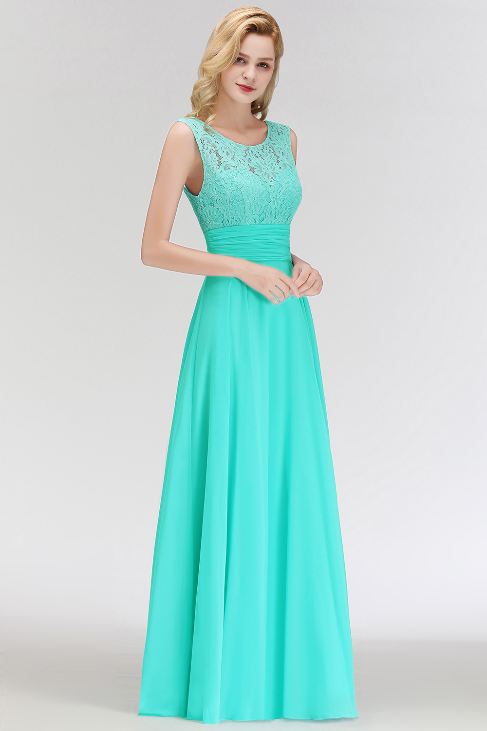 Mint Grün Lang Chiffon Brautjungfernkleider Mit Spitze Etuikleider Für Brautjungfern