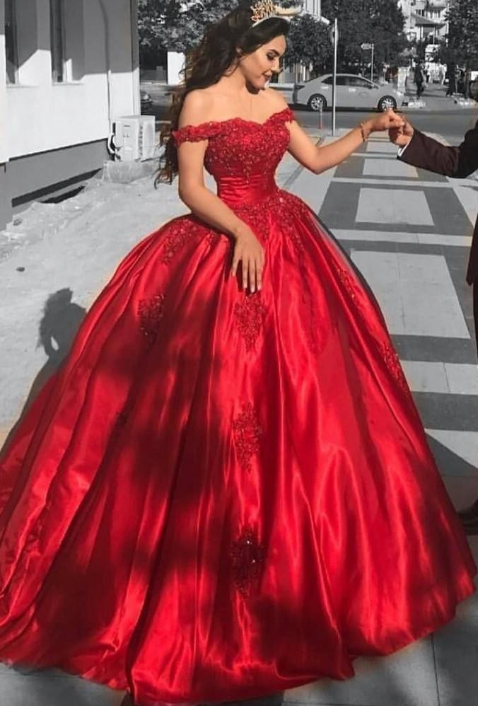 Rote Abendkleider Lang Mit Spitze Prinzessin Satin Abiballkleider Abendmoden Bodenlang