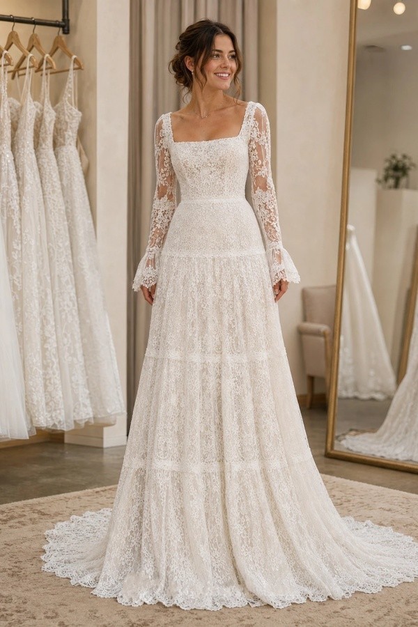 Designer Brautkleider A Linie Spitze Hochzeitskleider mit Ärmel