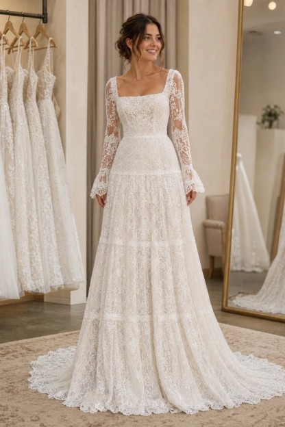 Designer Brautkleider A Linie Spitze Hochzeitskleider mit Ärmel