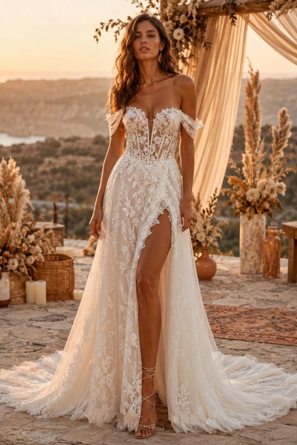 Sexy Brautkleider A linie Spitze Boho Hochzeitskleider Schlicht