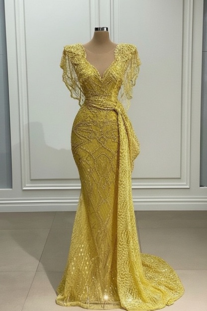 Gold Abendkleider Lang Spitze Abiballkleider Ballkleider mit Glitzer