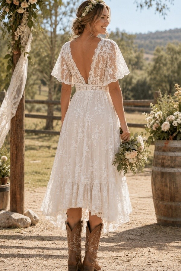 Boho Brautkleider Kurz A Linie Spitze Hochzeitskleider mit Ärmel