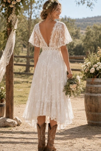 Boho Brautkleider Kurz A Linie Spitze Hochzeitskleider mit Ärmel