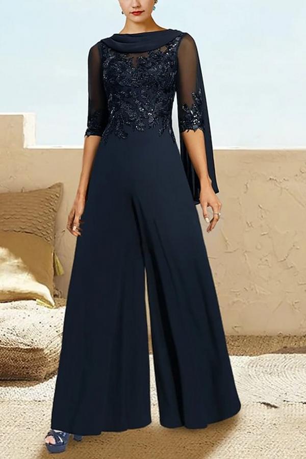 Navy Blau Jumpsuit Hosenanzüge Lang Chiffon Brautmutterkleider mit Ärmel-babyonlinedressde