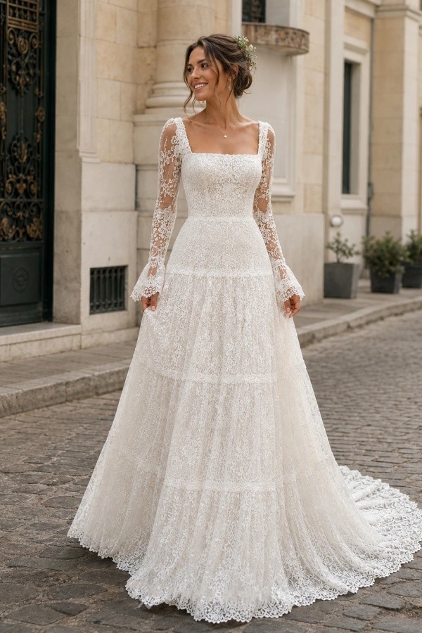 Designer Brautkleider A Linie Spitze Hochzeitskleider mit Ärmel