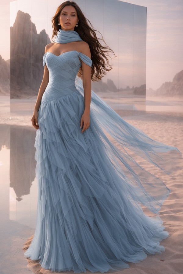  Tintenblau Abendkleider Lang Tüll Ballkleider Abiballkleider Online