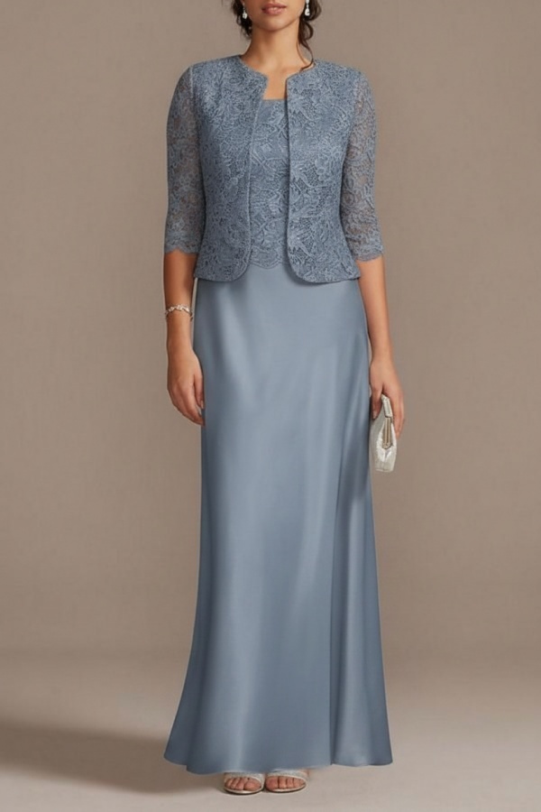 Blaue Brautmutterkleider Lang Günstig | Brautmutterkleid mit Spitze Jacke