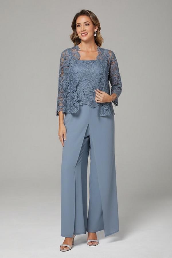 Himmel Blaue Chiffon Mutterkleider mit Jacket | 3 Teilen Brautmutter Hosenanzuge