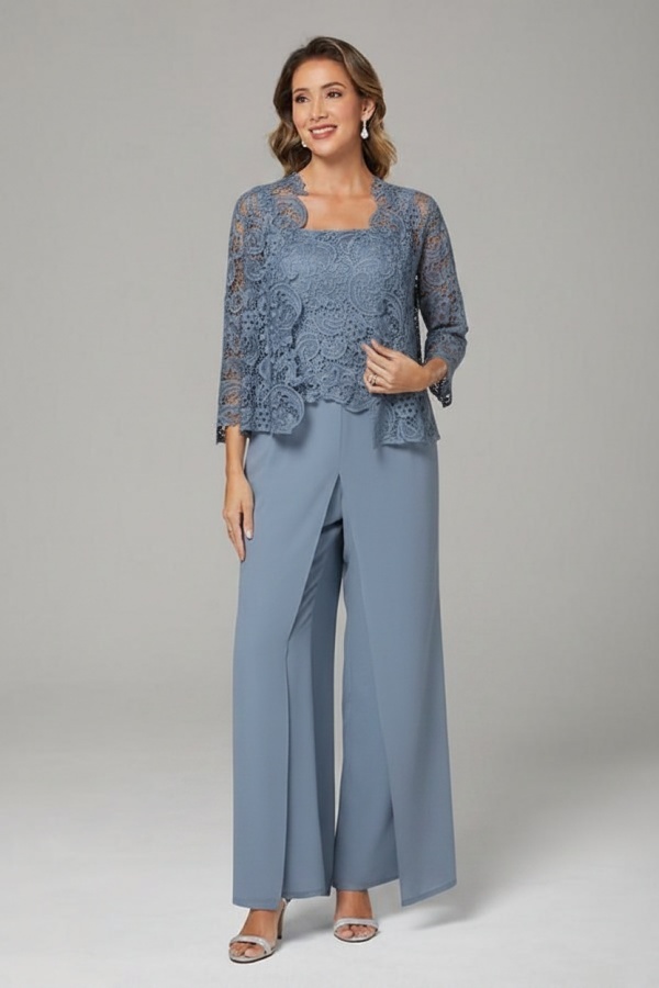 Himmel Blaue Chiffon Mutterkleider mit Jacket | 3 Teilen Brautmutter Hosenanzuge