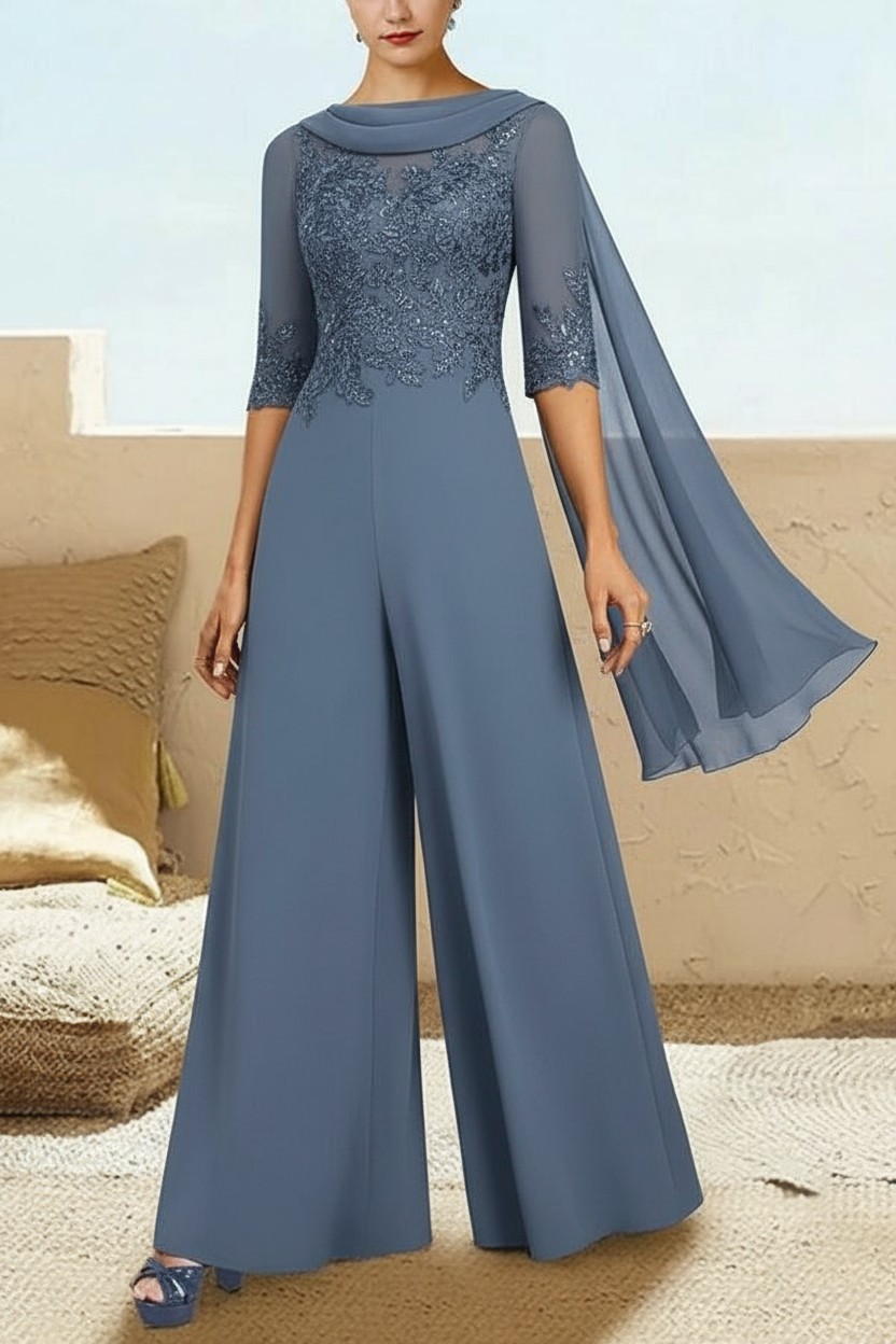 Navy Blau Jumpsuit Hosenanzüge Lang Chiffon Brautmutterkleider mit Ärmel-babyonlinedressde