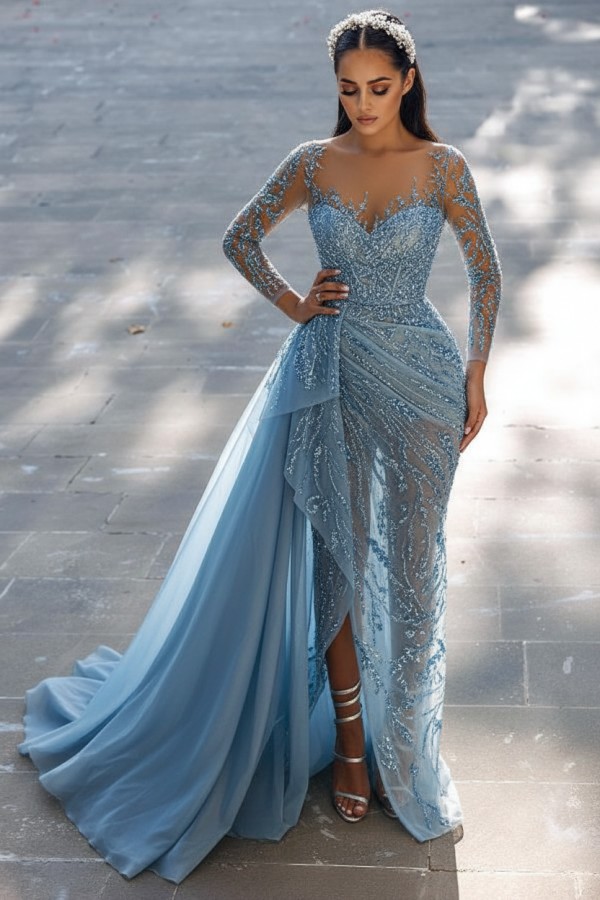 Blaues Abendkleid Lang Glitzer | Abiballkleider Spitze Mit Ärmel