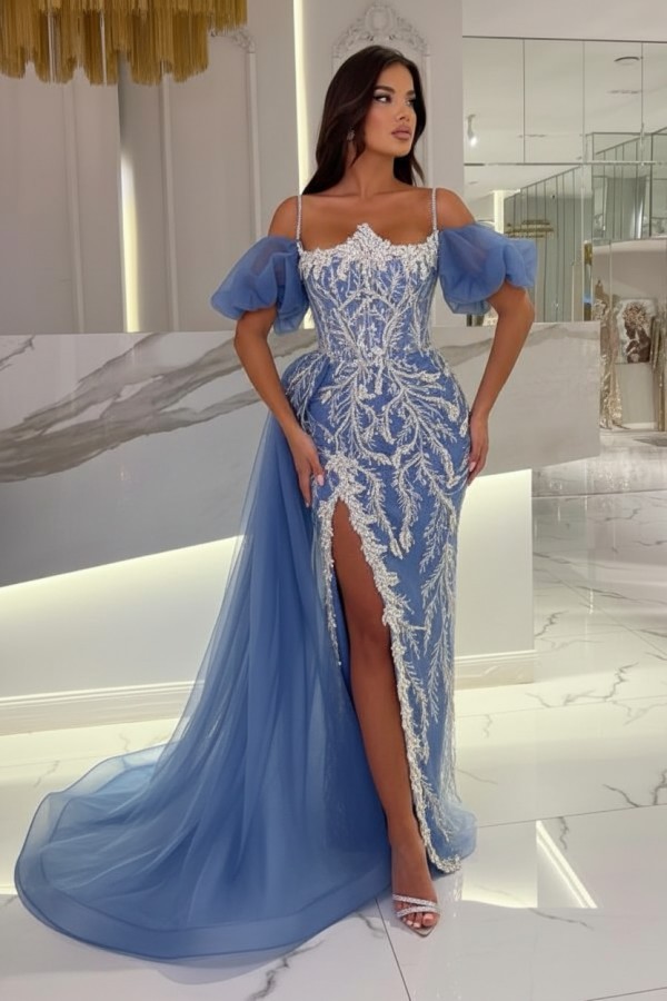 Himmel Blaue Abendkleider Lang Glitzer | Abiballkleider mit Spitze