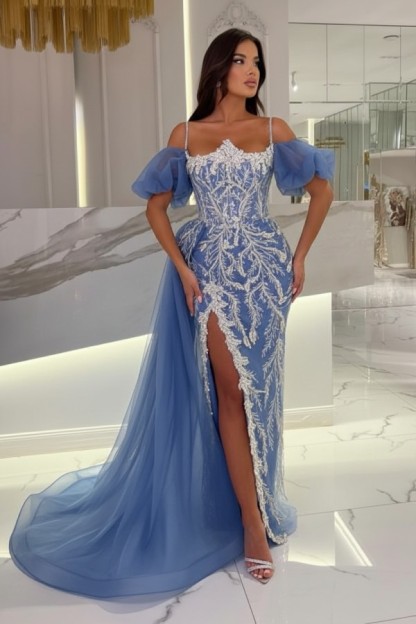 Himmel Blaue Abendkleider Lang Glitzer | Abiballkleider mit Spitze