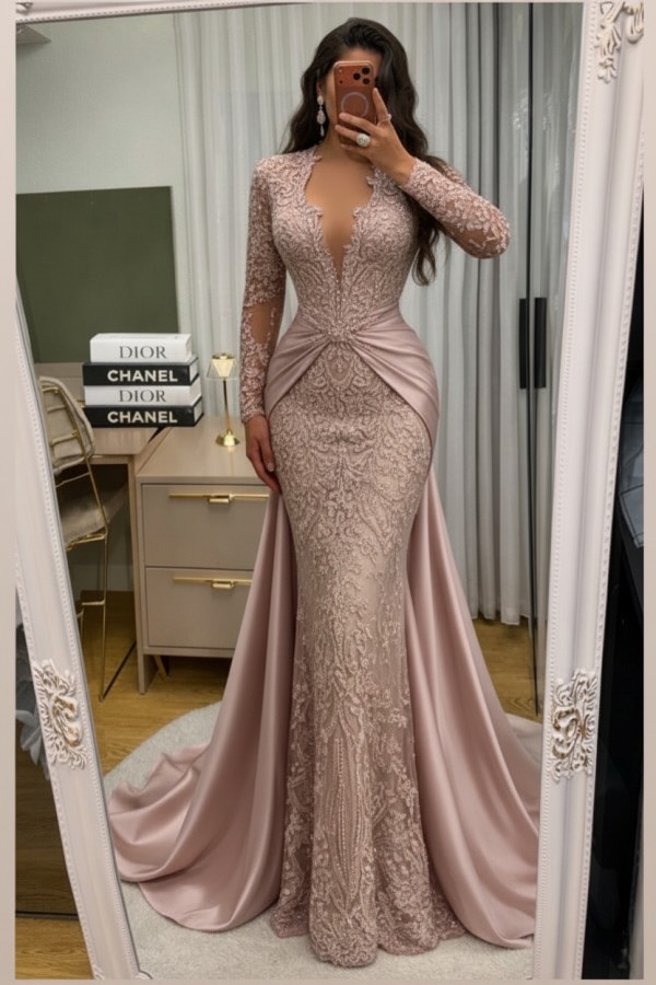 Wunderschöne Abendkleider Lang Spitze Abiballkleider mit Ärmel