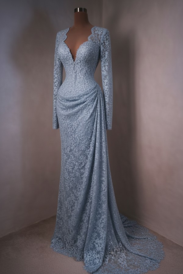 Himmel Blau Abendkleider Lang Spitze Abiballkleider mit Ärmel