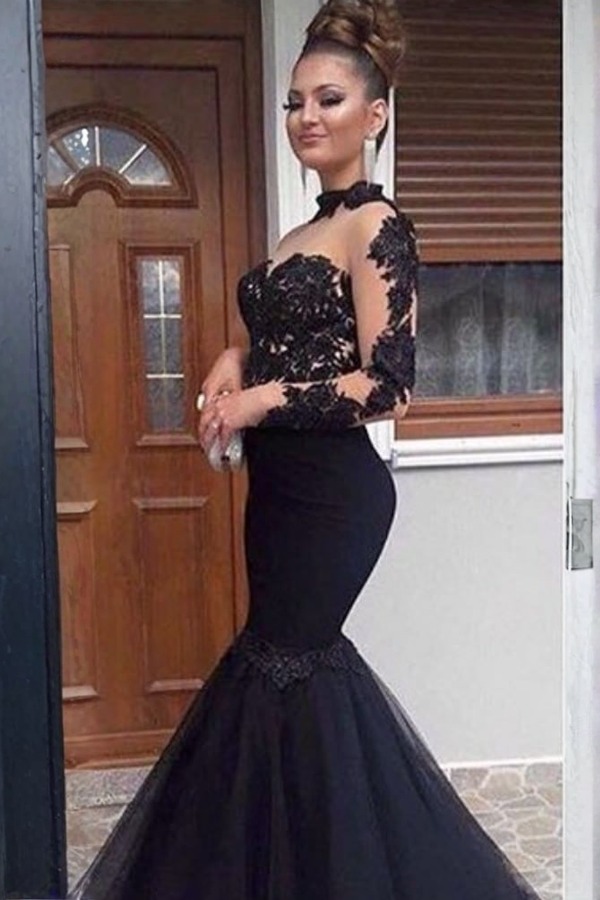 Elegante Abendkleider Lang Schwarz Mit Ärmel Spitze Meerjungfrau Abiballkleider Abendmoden Online
