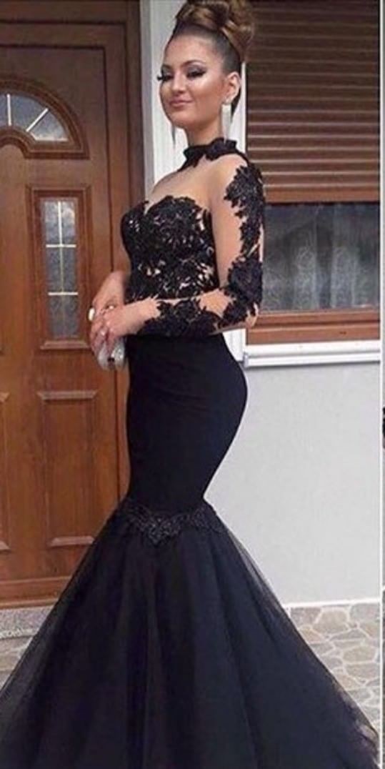 Elegante Abendkleider Lang Schwarz Mit Ärmel Spitze Meerjungfrau Abiballkleider Abendmoden Online
