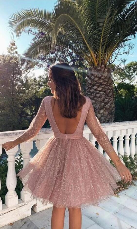 Designer Cocktailkleider Kurz Rosa | Ballkleider Glitzer mit Ärmel-babyonlinedressde