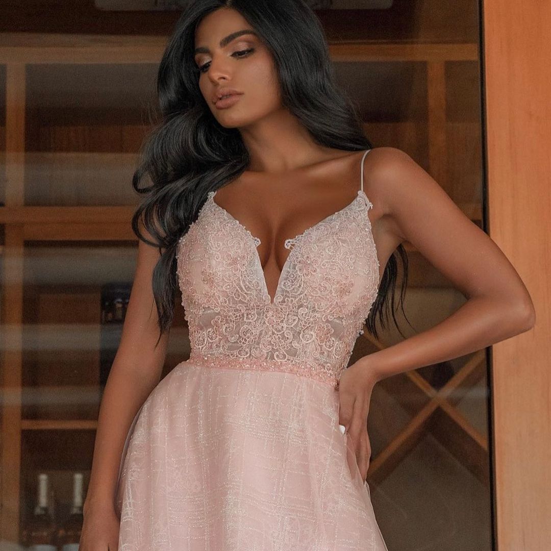 Abendkleid lang Rosa | Abiballkleider mit Glitzer
