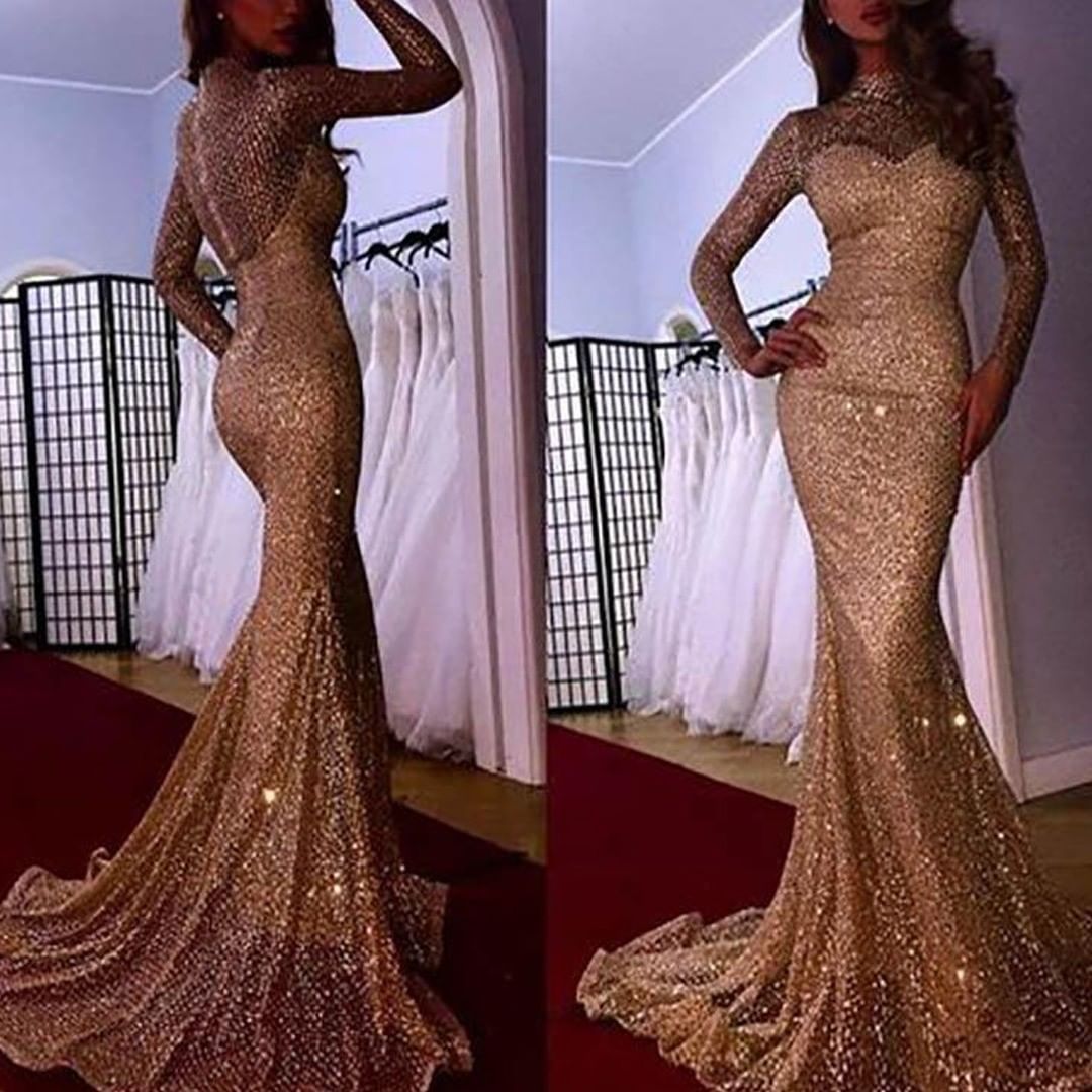 Designer Gold Abendkleider Mit Ärmel Pailletten Abendmoden Abiballkleider Online-babyonlinedressde