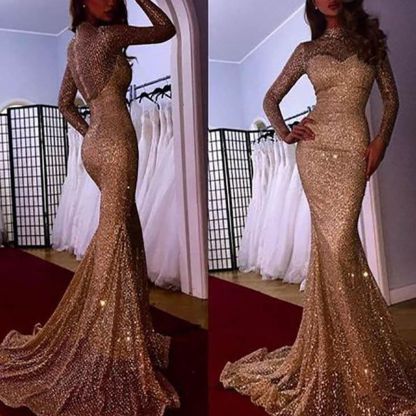 Designer Gold Abendkleider Mit Ärmel Pailletten Abendmoden Abiballkleider Online-babyonlinedressde