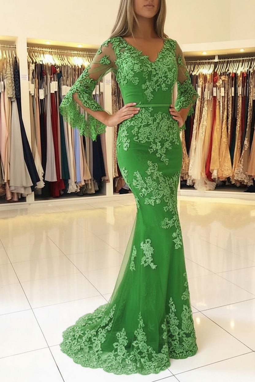 Fashion Abendkleider Lang Spitze Mit Ärmel Bodenlange Abendmoden Ballkleider Online