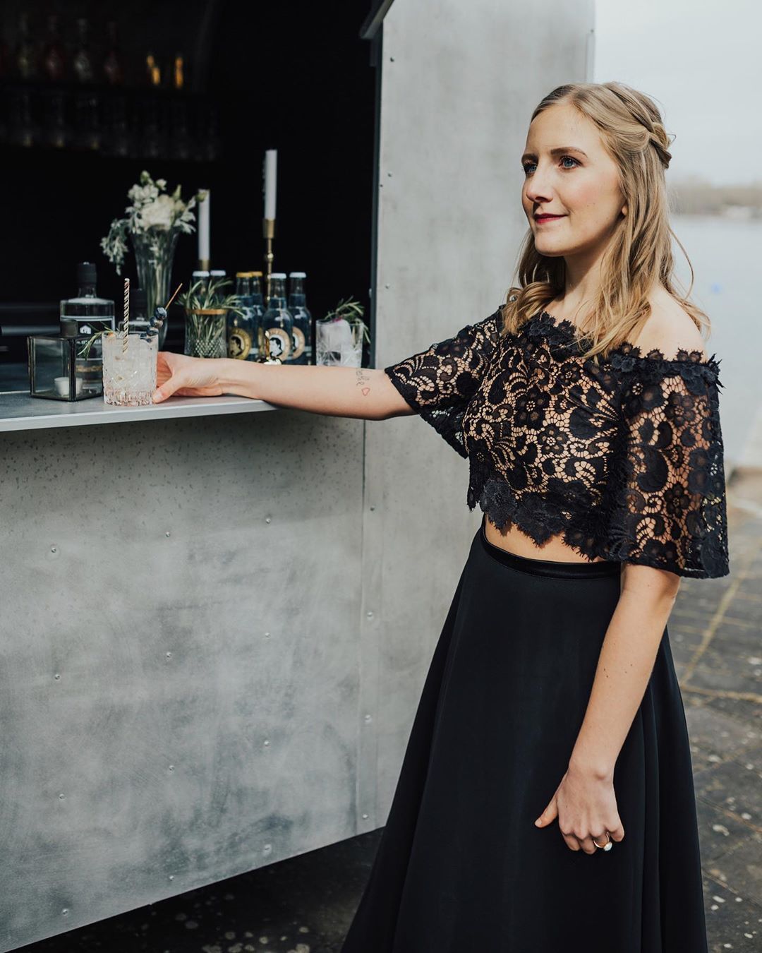 2 Teilige Brautkleid Schwarz | Hochzeitskleid Mit Spitzelärmel
