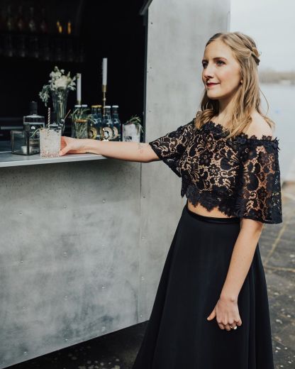 2 Teilige Brautkleid Schwarz | Hochzeitskleid Mit Spitzelärmel