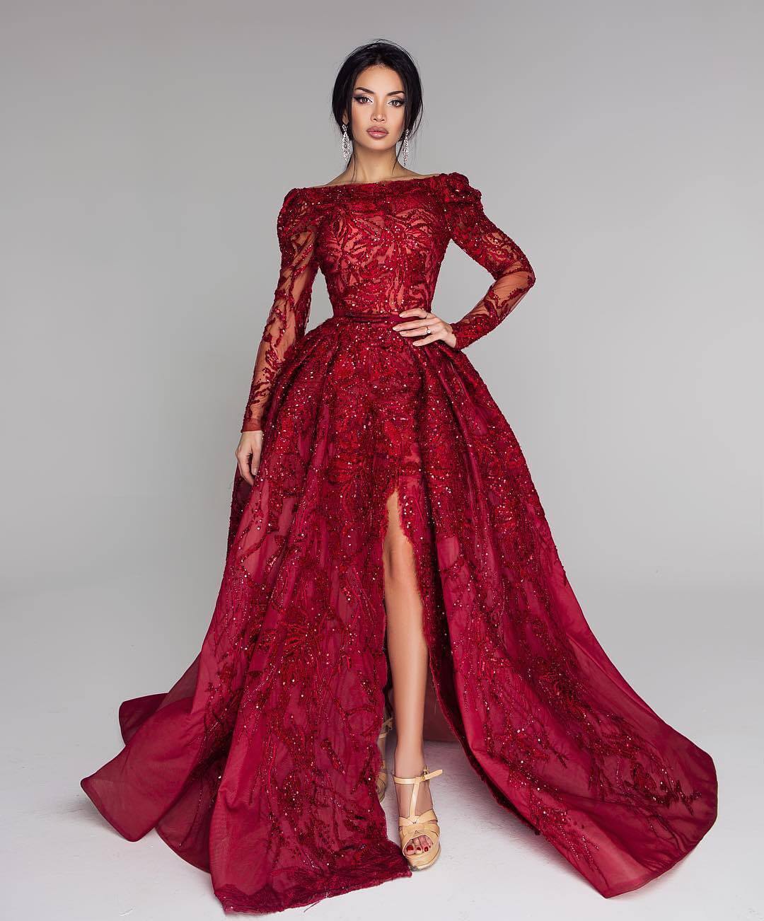 Luxus Abendkleider Mit Ärmel | Spitze Abiballkleider Lang Rot-babyonlinedressde
