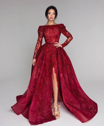 Luxus Abendkleider Mit Ärmel | Spitze Abiballkleider Lang Rot-babyonlinedressde