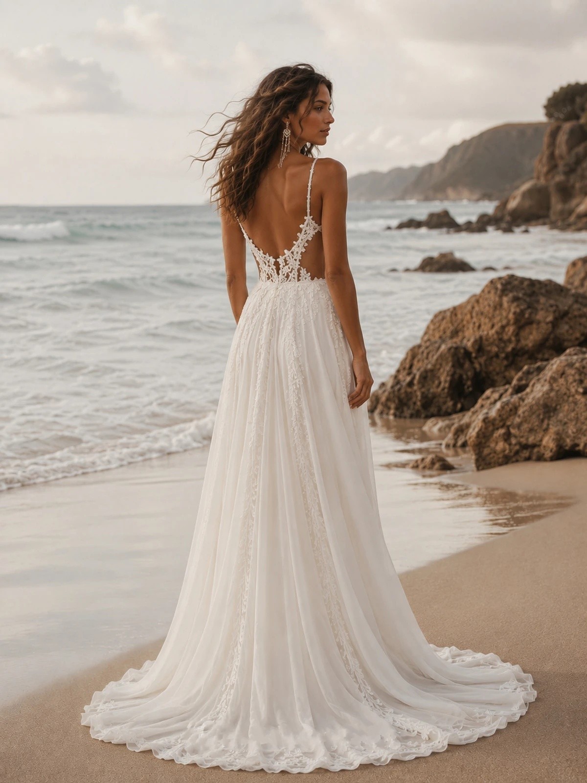 Sommer Brautkleider Strand Chiffon Boho Hochzeitskleider mit Spitze