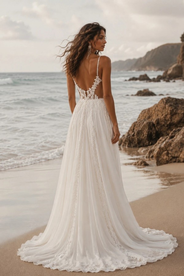 Sommer Brautkleider Strand Chiffon Boho Hochzeitskleider mit Spitze