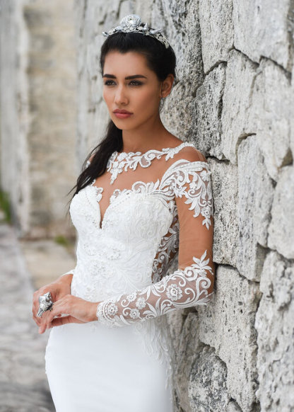 Schlichte Brautkleider Meerjungfrau | Spitze Ärmel Hochzeitskleider Online