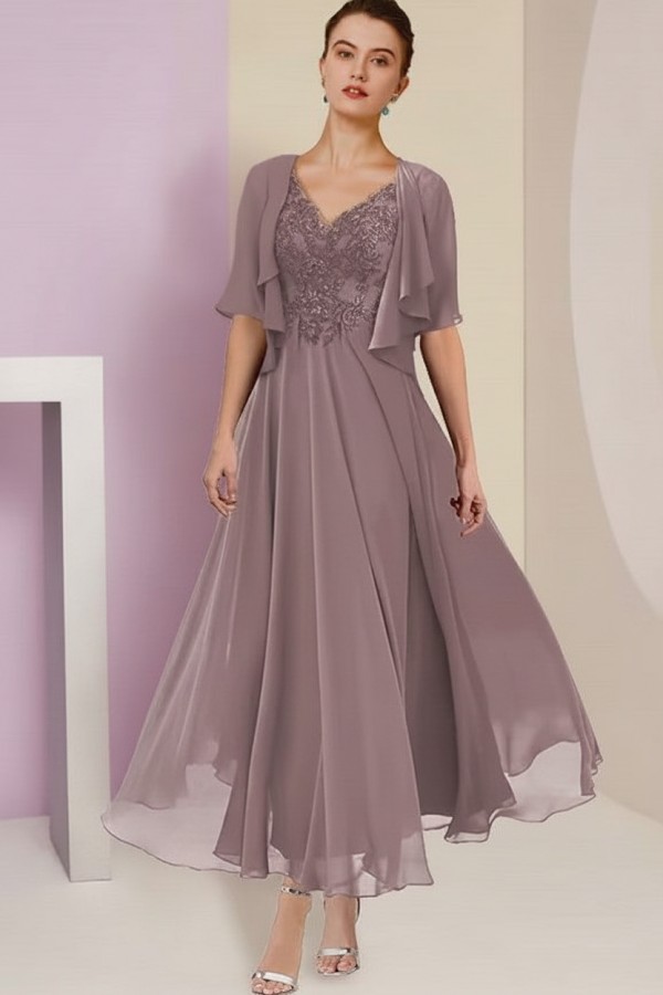 Elegant Rosa Brautmutterkleider Chiffon | Mutterkleider mit V-Ausschnitt